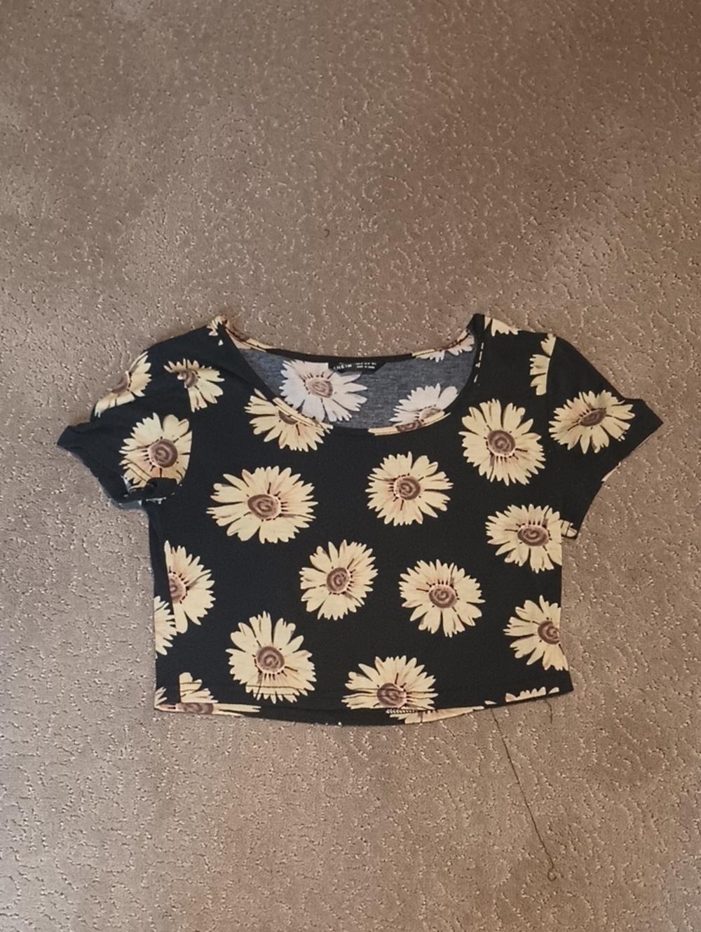 SHEIN Black Crop Top with Yellow Sunflower Print